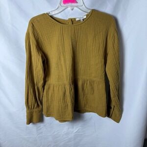 Madewell Gauze Peplum Top Mustard Yellow Long Sleeve Button Back Size S Boho
